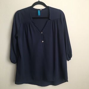 Francesca’s 3/4 Sleeve Flowy Navy V Neck Blouse